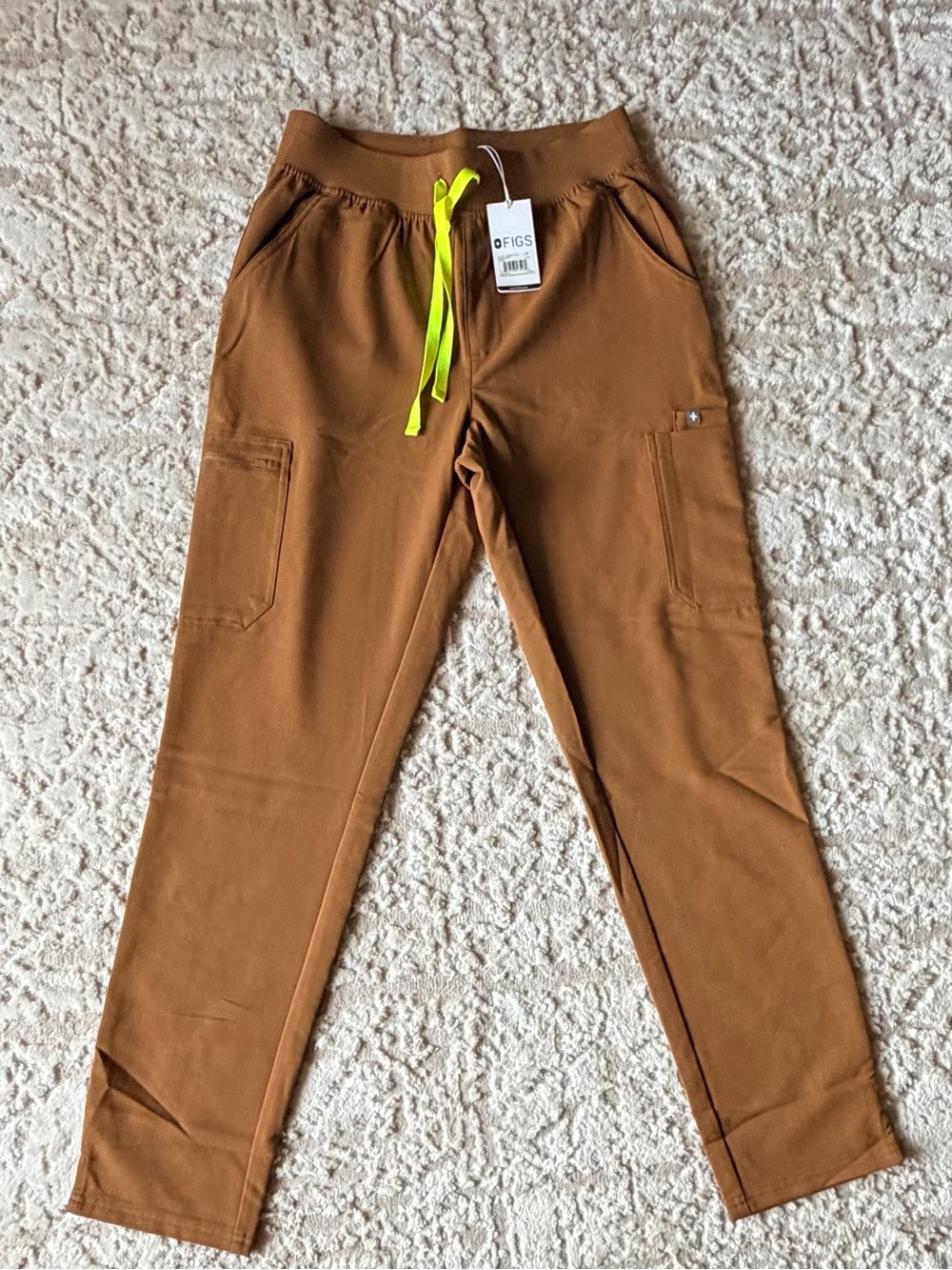 FIGS Women's Caramel Cargo High Waisted Yola Scrub Pant with Neon Drawstring